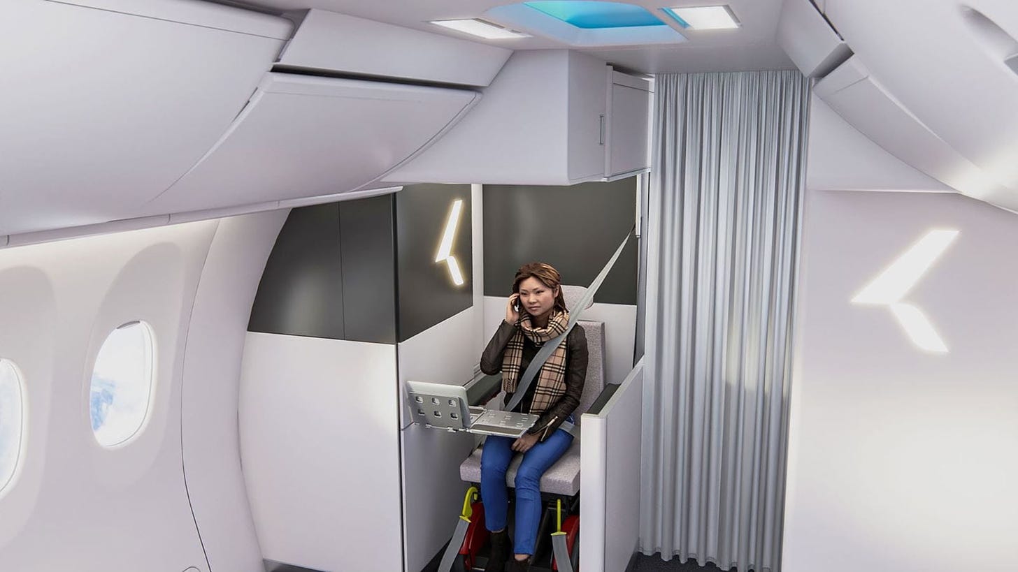 Illustration of woman in wheelchair within an airplane closet.