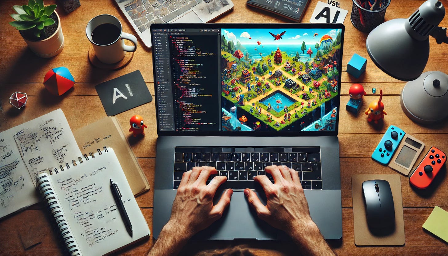 From the point of view of a person working on their laptop, developing a game using AI. The laptop screen is divided into two halves: the left side shows a code editor filled with lines of code, and the right side shows a game in development with colorful graphics and characters. The scene includes elements of a typical workspace like a coffee cup, notepad, and a pen on the desk. The image is in landscape mode.