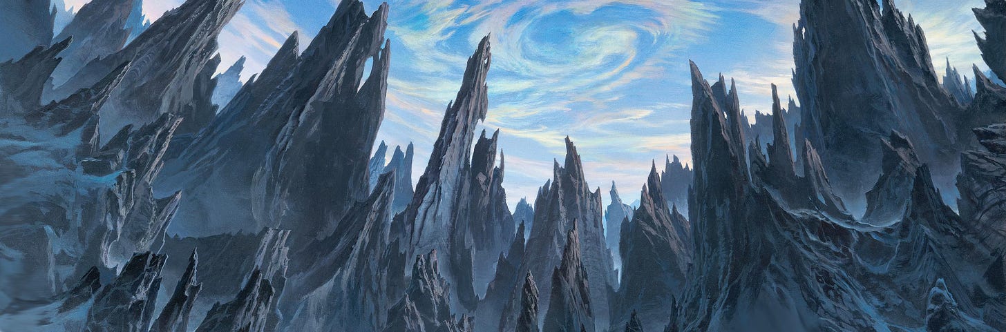 Jagged and foreboding mountains point inward to the center of the panel. The sky above is a swirl of white and pink clouds against blue.