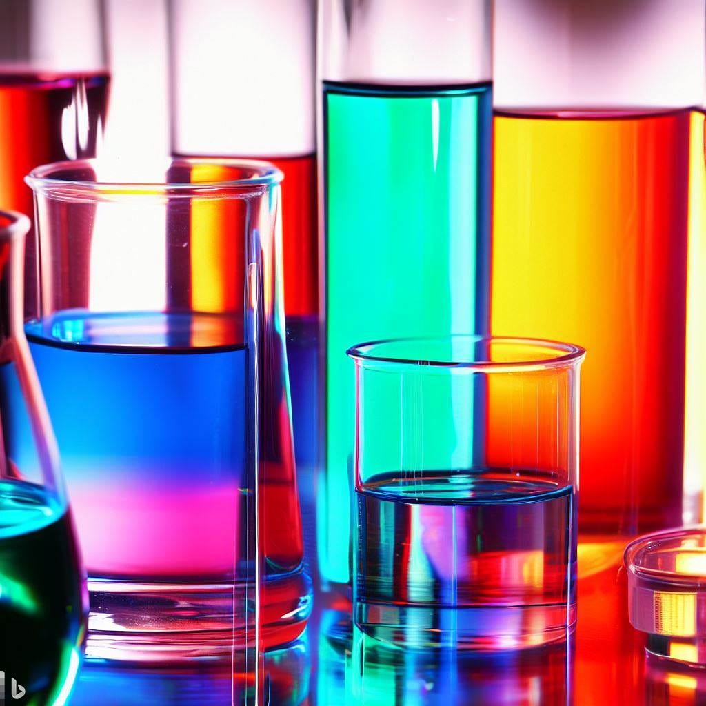 coloured liquids in chemistry glassware