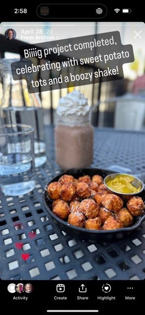 Social-share image of sweet potato tots and a boozy shake, at an outdoor table on a sunny day.