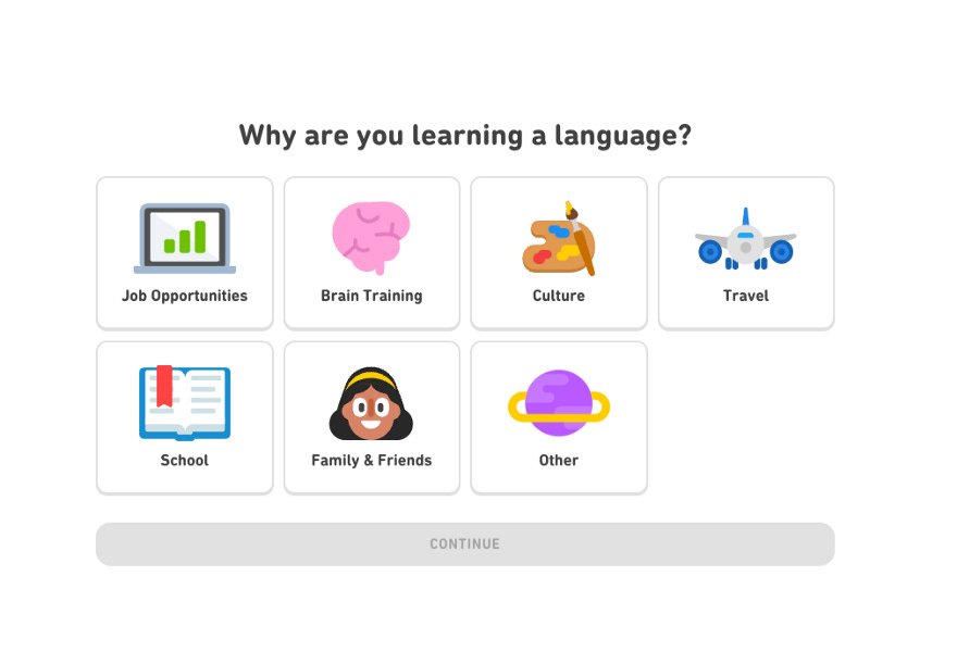 Duolingo’s ‘Why are you learning a language?’ onboarding question screenshot.