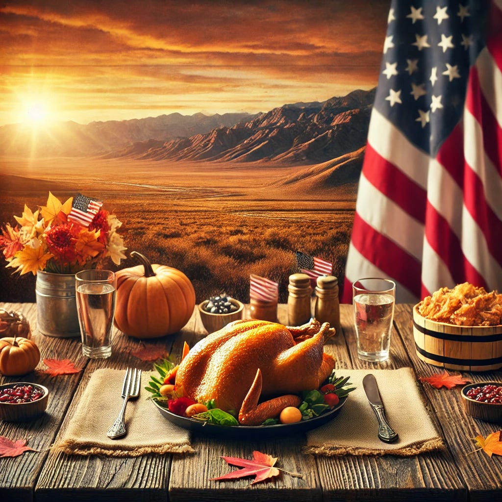 A rustic wooden table set with a Thanksgiving feast, including a golden turkey, autumn leaves, and an American flag subtly draped in the background. In the distance, a view of Nevada’s iconic desert landscape, with mountains and a setting sun, creating a warm and welcoming atmosphere. The scene is reflective, patriotic, and free of any text or written elements.
