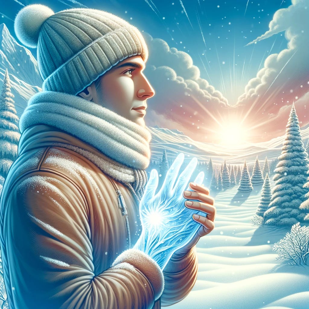 An illustration depicting a person warmly dressed in a snowy environment looking relieved and hopeful as they hold their hand, which is glowing with a soft, healing light. The background features a serene winter landscape with snow-covered trees and a clear sky, symbolizing a new hope and recovery from frostbite without the need for amputation. The image should convey a sense of warmth, relief, and optimism, focusing on the concept of innovative frostbite treatment and recovery.