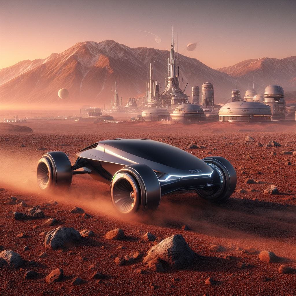 A futuristic realistic image of a Rivian vehicle driving on Mars with a Mars colony in the background
