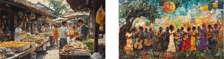 Two-part image: the left side captures a lively open-air market scene with vendors selling fresh produce, bread, and other goods under traditional rooftops and umbrellas, bustling with shoppers. The right side shows a vibrant artwork of musicians and singers performing outdoors, adorned with colorful textures and posters, under a tree and a warm sun, celebrating community and music.