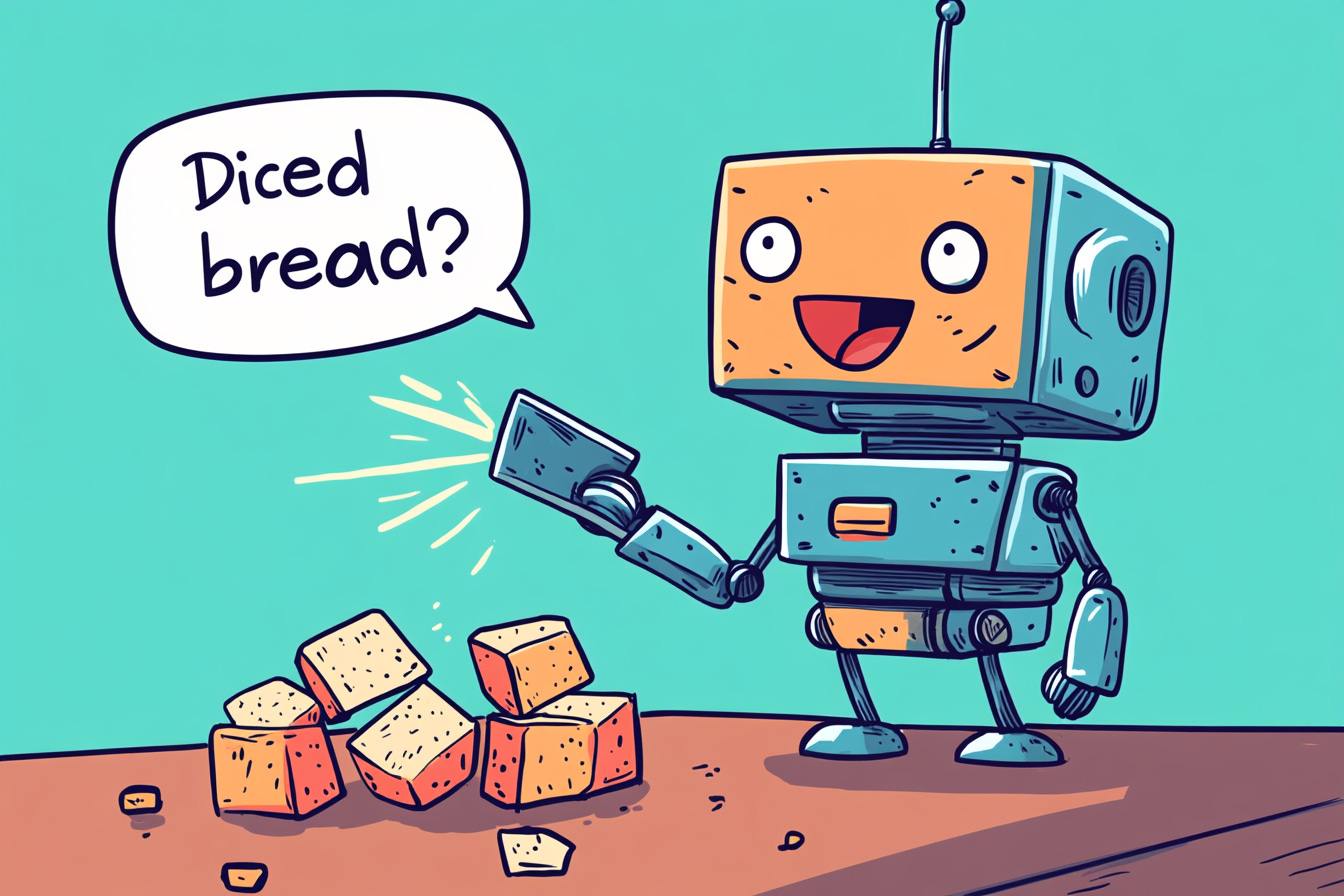 A cute robot chopping bread into cubes. The robot has a speech bubble that says "Diced bread?"