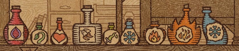 Screenshot from Potion Craft with a series of potions.