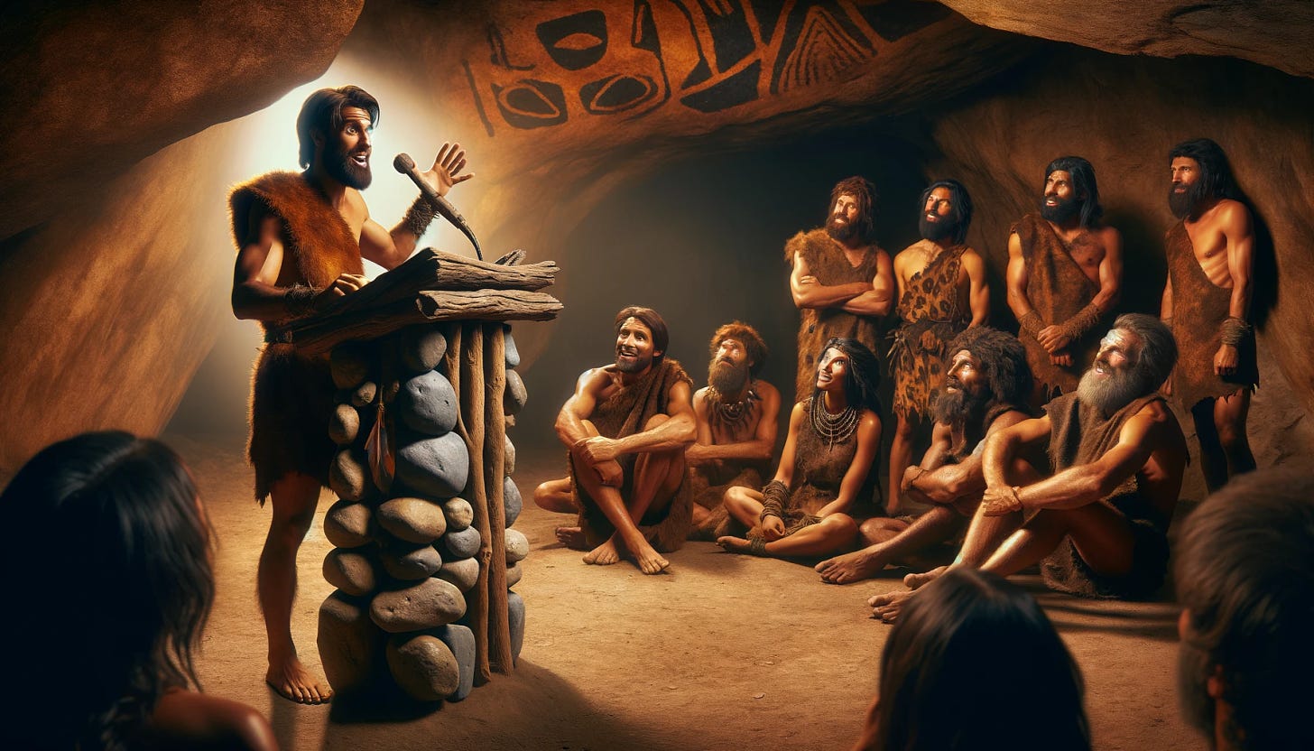 A confident caveman with a makeshift podium crafted from rocks and wood, speaking animatedly to a group of diverse cavemen. The group, including a female and male cavemen of different descents, listens with rapt attention. They nod in agreement, clearly captivated and influenced by the speaker's confidence. The setting is a prehistoric cave lit by the warm glow of a fire, casting dramatic shadows on the walls which are adorned with primitive paintings.