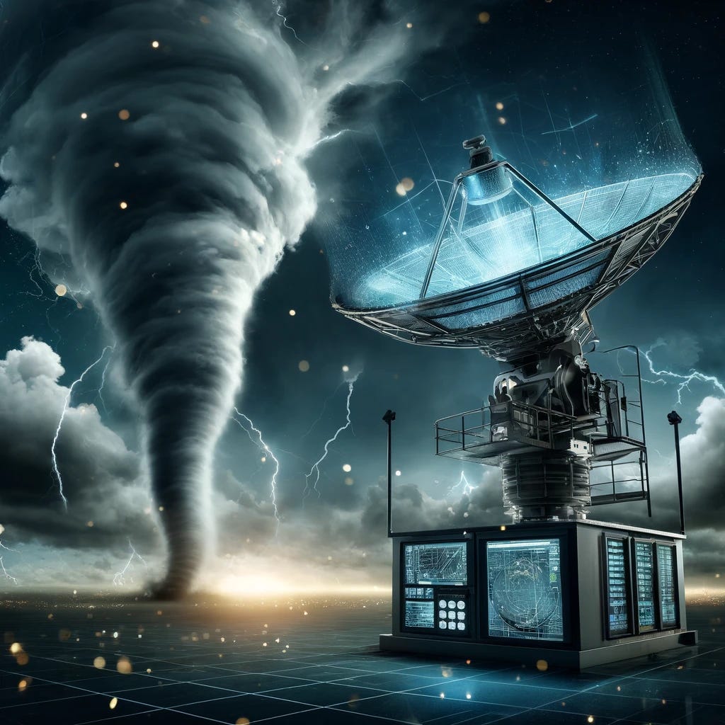 A conceptual image representing an advanced radar system used in tornado detection, featuring a high-tech radar dish scanning a stormy sky with tornadoes forming in the distance. The radar dish is depicted with digital screens displaying sophisticated data analysis. The atmosphere is intense, with dark clouds and lightning, illustrating the power of the storm and the critical role of technology in weather forecasting. The image conveys a sense of urgency and innovation in meteorological research.