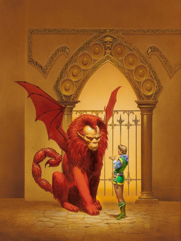 Wearing a short green tunic with yellow accents and matching boots, a blonde man casually converses with a manticore. They stand in front of an ornate archway barred by a gate. The manticore has the body of a lion with red fur fullest at its bushy mane, which notably recedes over a broad forehead, leaving just a tuft curling there. Dragon wings unfurl on its back and a scorpion tail curls behind it. The face is a mix of human and alien, from long ears pointed outward to pronounced simian-like muzzle topped with a stubby nose. High carved cheeks and a brow that casts its eyes in shadow suggest a sense of power, mystery, and wisdom as it listens to the man's appeal.