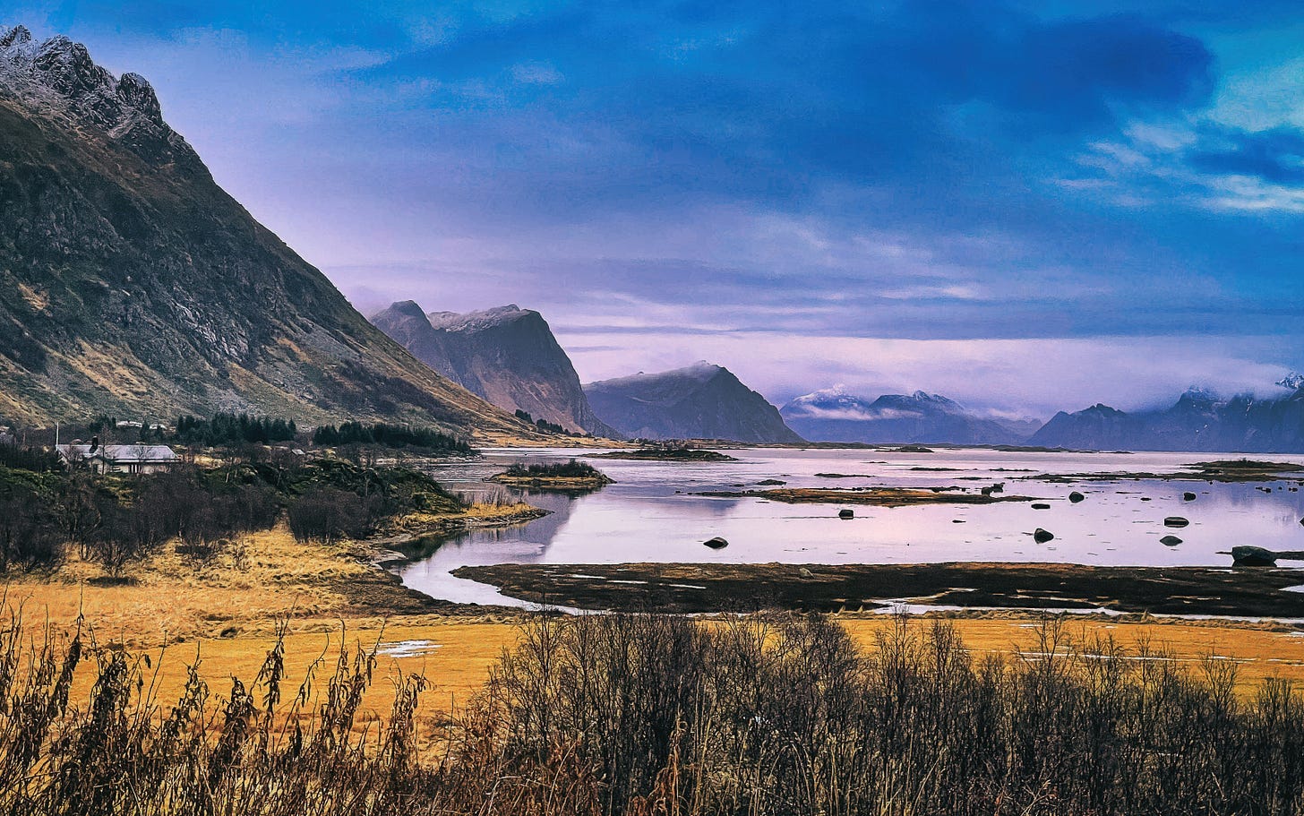A peaceful fjord in the Lofoten Islands, Norway, captured in November around 4 pm, during the quiet transition from day to evening. Towering mountains and a calm fjord reflect the soft hues of a fading blue and purple sky. The golden marshlands in the foreground, alongside barren trees, evoke a moment of stillness and acceptance—symbolizing the peaceful acknowledgment of change as nature prepares for winter. A peaceful fjord in the Lofoten Islands, Norway, captured in November around 4 pm, during the quiet transition from day to evening. Towering mountains and a calm fjord reflect the soft hues of a fading blue and purple sky. The golden marshlands in the foreground, alongside barren trees, evoke a moment of stillness and acceptance—symbolizing the peaceful acknowledgment of change as nature prepares for winter.