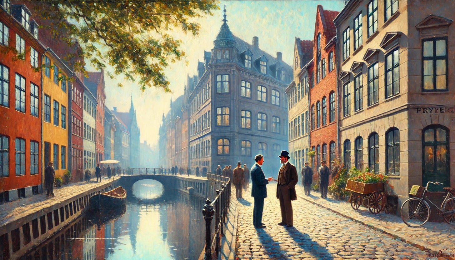 An impressionistic oil painting reminiscent of Fritz Syberg's style, depicting a scene of a boss and his worker negotiating salary on a cobblestone street. The setting includes old European buildings and canals, reflecting the quaint and historic charm of early 1900s Copenhagen. The scene is bathed in soft, dappled sunlight, creating a serene and peaceful atmosphere. The architecture is detailed with brick facades, arched windows, and wrought-iron balconies. The canal reflects the buildings and soft sky, adding to the tranquility. The color palette is gentle and pastel-like, with soft blues, greens, and pinks, capturing the essence of a peaceful, sunny day.