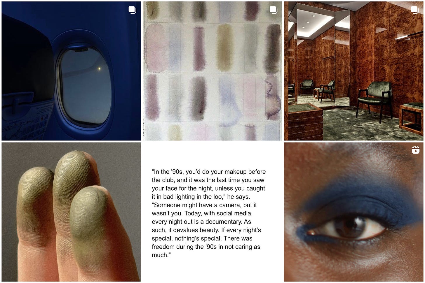 Photos of Merit's grid during the taser phase of the campaign. Photos of eyelids swiped with eyeshadow, a quote about the 90s, a dark blue plane window, and more mood board imagery.