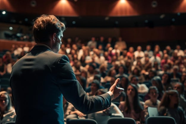 A man stands confidently in front of a large gathering of people addressing  them with determination and purpose Man presenting a pitch in an auditorium  filled with people AI Generated | Premium