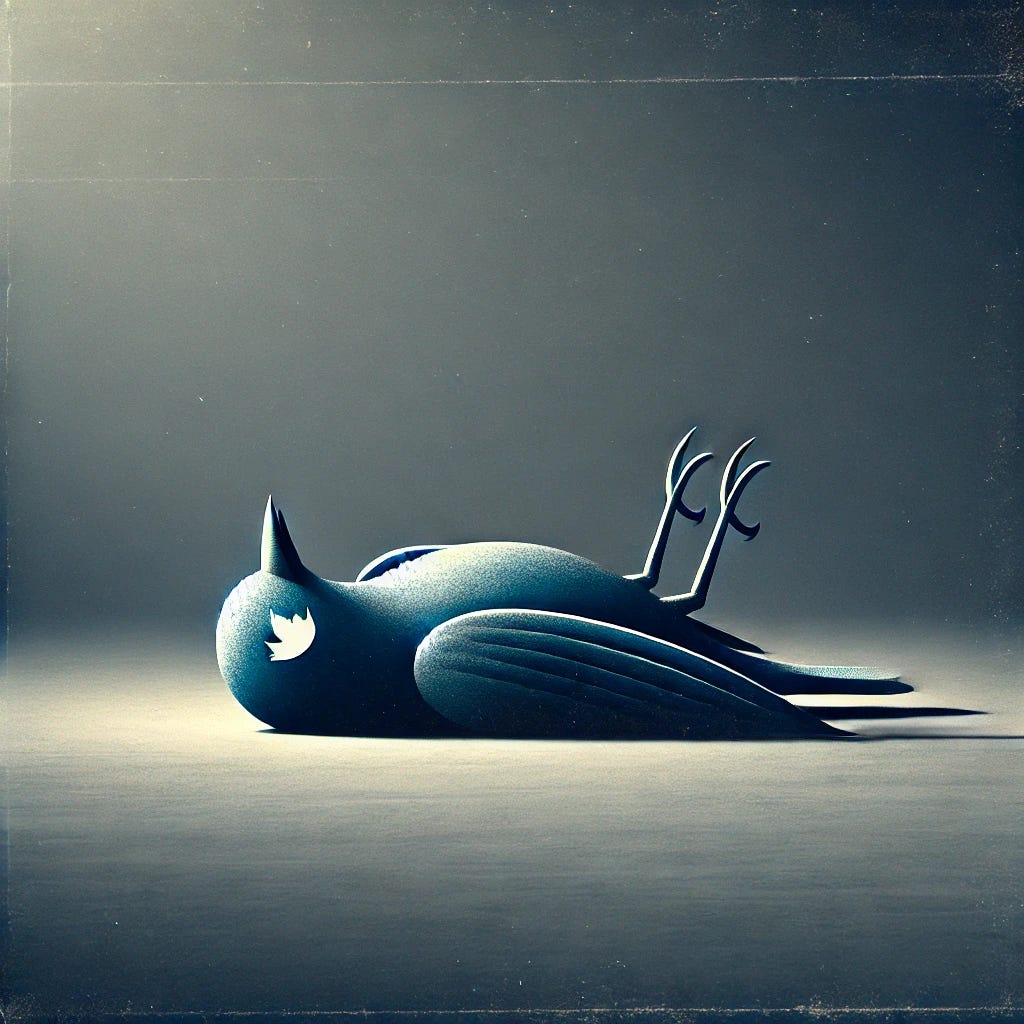 A dark and artistic reinterpretation of the Twitter logo featuring a dead bird. The bird should resemble the iconic Twitter bird but lying lifeless with its wings slightly spread and head tilted, against a minimalist background. The scene should use muted tones of blue and gray with subtle shading to emphasize a somber and symbolic tone. The design should have a clean and modern style, with no text, focusing solely on the visual representation.