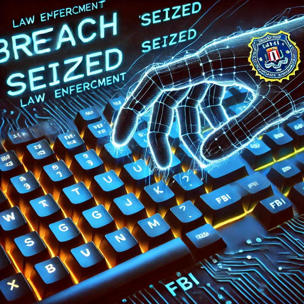 A visually intense image of a cybercriminal’s keyboard being dramatically yanked away by a digital FBI hand, symbolizing law enforcement shutting down hacker operations. The keys glow in neon colors, with 'Breach' and 'Seized' flashing on the screen. The aesthetic is futuristic, dark, and designed to go viral.