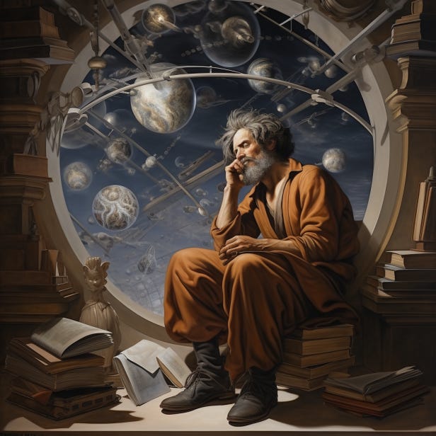 An aged, male philosopher in robes, sits near a futuristic portal and ponders humanity's most optimal means of existence.