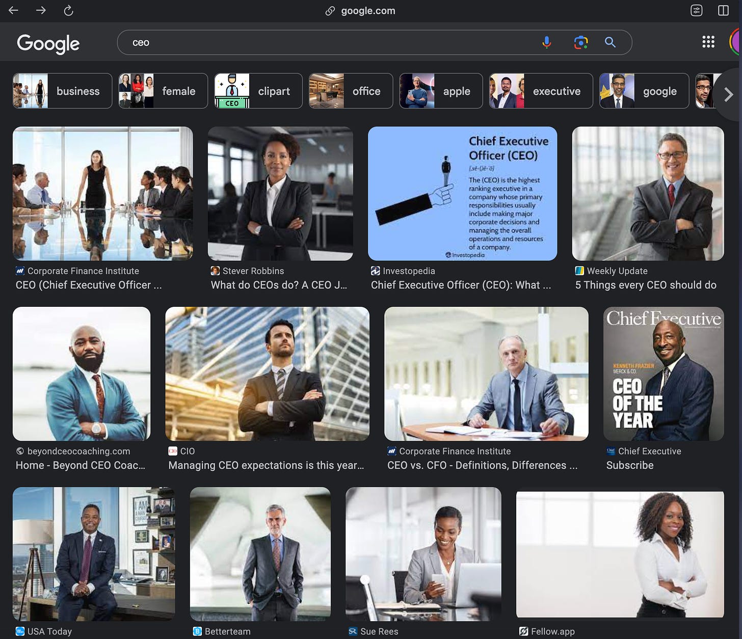 Google Image search results for "CEO", featuring three rows of men and women, all of whom are Black or white.