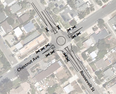 A map of lost parking spaces from traffic circles in the Barrio, although 20 spaces at the five circles would have been lost due to the state’s new Daylighting Law. Courtesy image