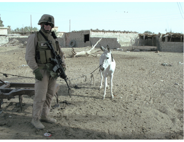 Color photo of the author stopped while on patrol in full camouflage combat gear (helmet, ballistic vest, gloves, goggles) and rifle in al Anbar, Iraq in 2007.  In the background are several one-story concrete block buildings in a village. In the foreground is a white donkey on a tether leash with the humorous caption of “detaining a donkey on suspicion of anti-coalition activity.”