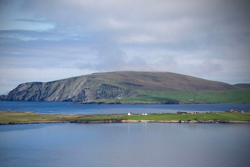 Looking over the coastline of the Shetland Islands.