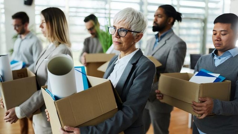 A diverse group of laid-off workers carrying boxes with their belongings after losing their jobs, reflecting the widespread impact of the economic crisis.