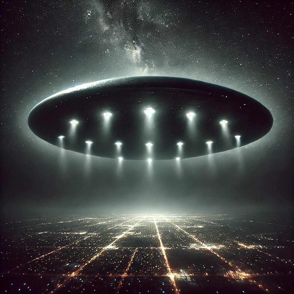 A colossal, boomerang-shaped UFO so massive that only part of it fits within the frame, dominating the night sky over a dark city. The craft is nearly invisible, its immense size stretching beyond what the eye can see, blending into the blackness of space. Beneath it, five distinct dimly glowing lights are evenly spaced, casting an eerie, faint glow onto the city below. The buildings appear minuscule, their lights barely flickering under the overwhelming shadow of the craft. The atmosphere is dense with tension, an overwhelming sense of insignificance against the sheer scale of the unidentified object above. The sky is nearly pitch black, the UFO’s presence felt more than seen, making it an unsettling, unknowable force looming in the void.