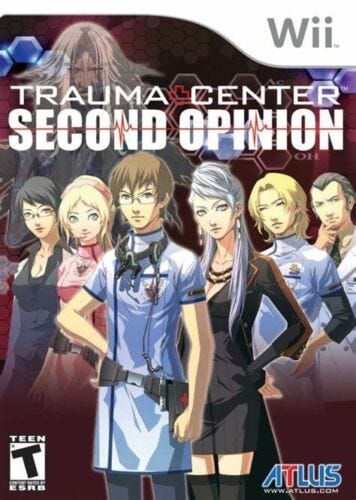 The box art for Wii title Trauma Center: Second Opinion, featuring most of the game's cast with the two playable surgeons front and center.