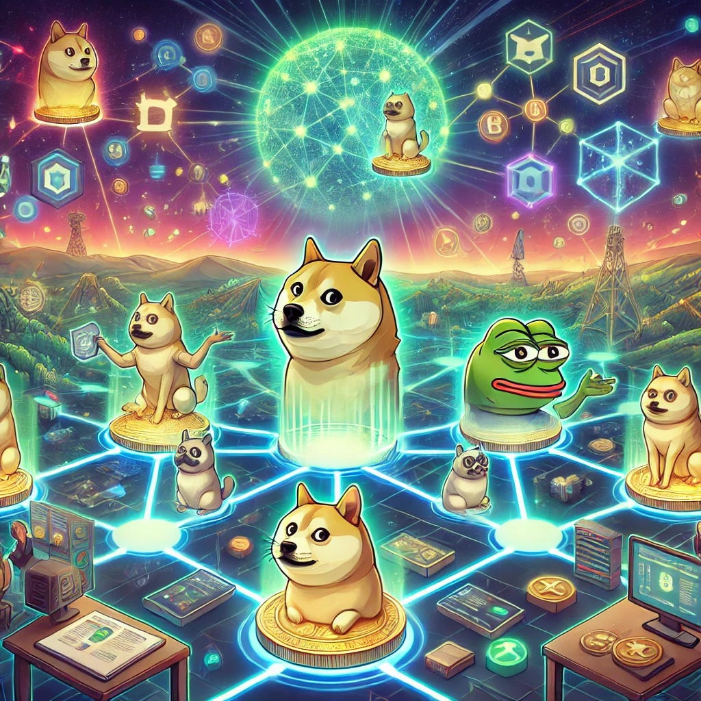 A digital illustration showing characters inspired by popular memecoins like Doge and Pepe collaborating on a vibrant, interconnected ecosystem. The setting features dynamic glowing nodes and pathways, symbolizing the self-sustaining cycle of growth in the platform. Each character is actively contributing by adding applications, utilities, or creative elements, showcasing a thriving and evolving ecosystem. The background is expansive and futuristic, evoking resilience, collaboration, and endless possibilities. No text or symbols included.