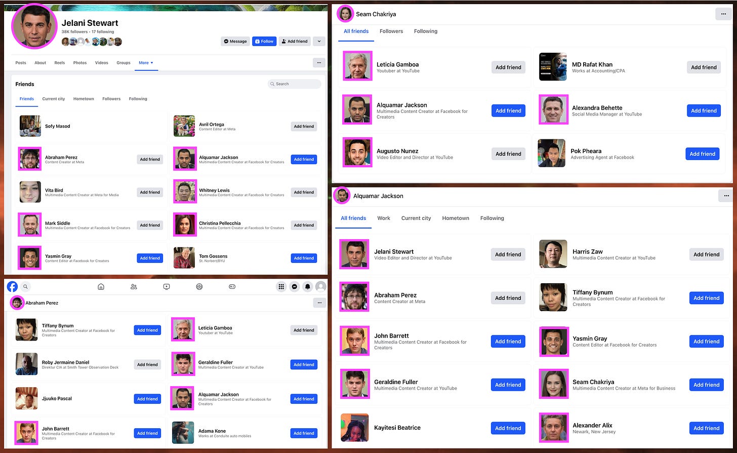 Screenshots of the friends/follow lists of several of the accounts with GAN-generated faces. These lists include additional accounts with GAN-generated faces.