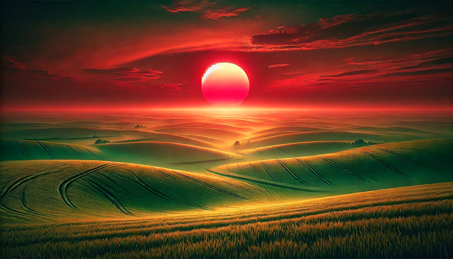 A breathtaking horizon with a large, glowing red sun over rolling green fields. The sunlight suffuses everything, casting a warm, ethereal glow over the landscape. The sky is a mix of soft clouds and rich hues, creating a surreal yet peaceful atmosphere. The fields stretch into the distance, gently illuminated by the red sun, giving the scene a dreamlike and magical quality.
