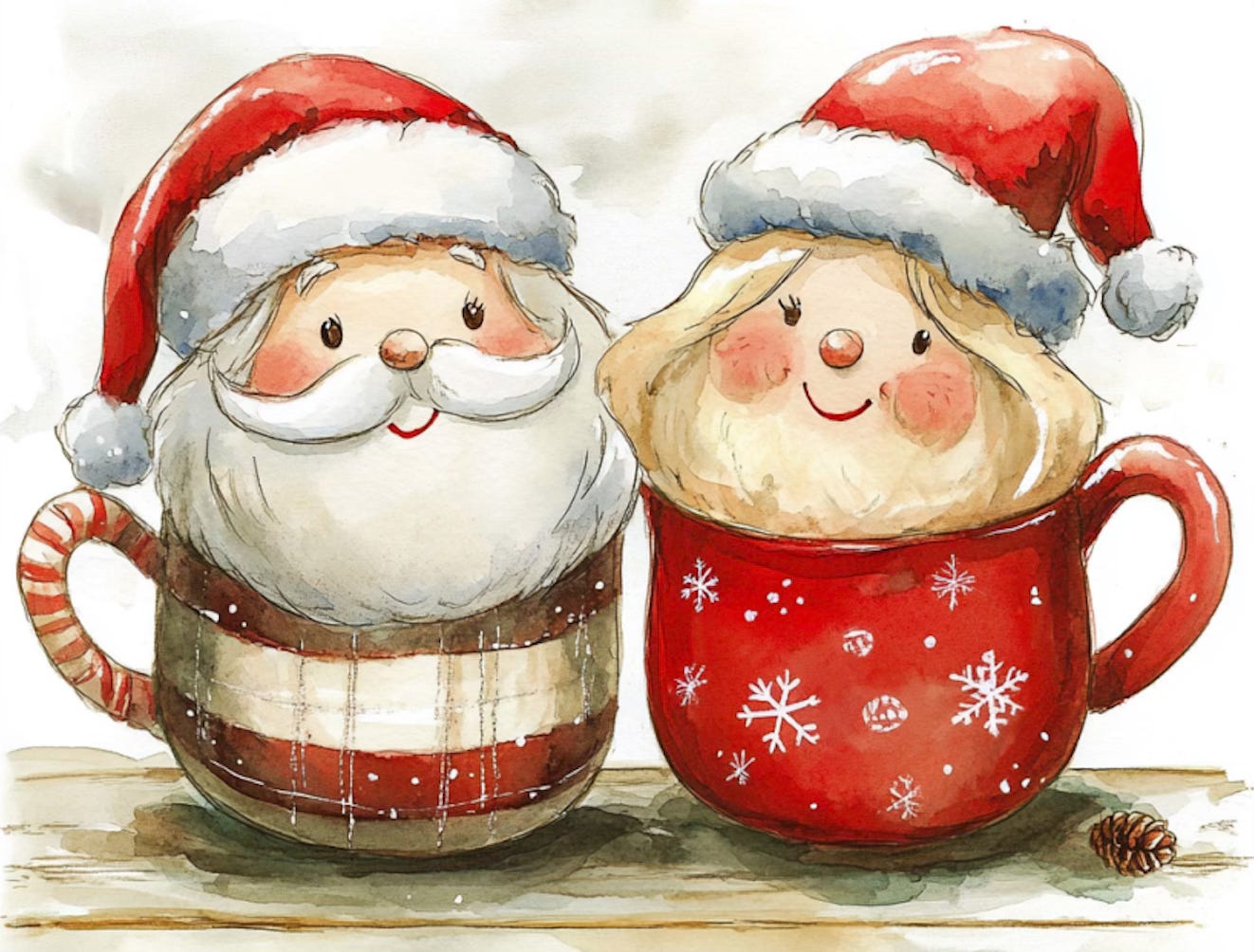 watercolor of two cocoa mugs shaped like Santa and Mrs. Claus