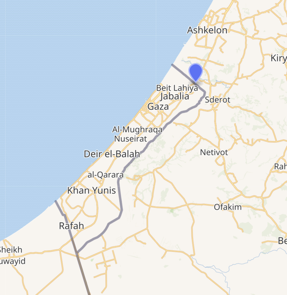 A map of Gaza, with a blue pin signifying the Erez border crossing with Israel