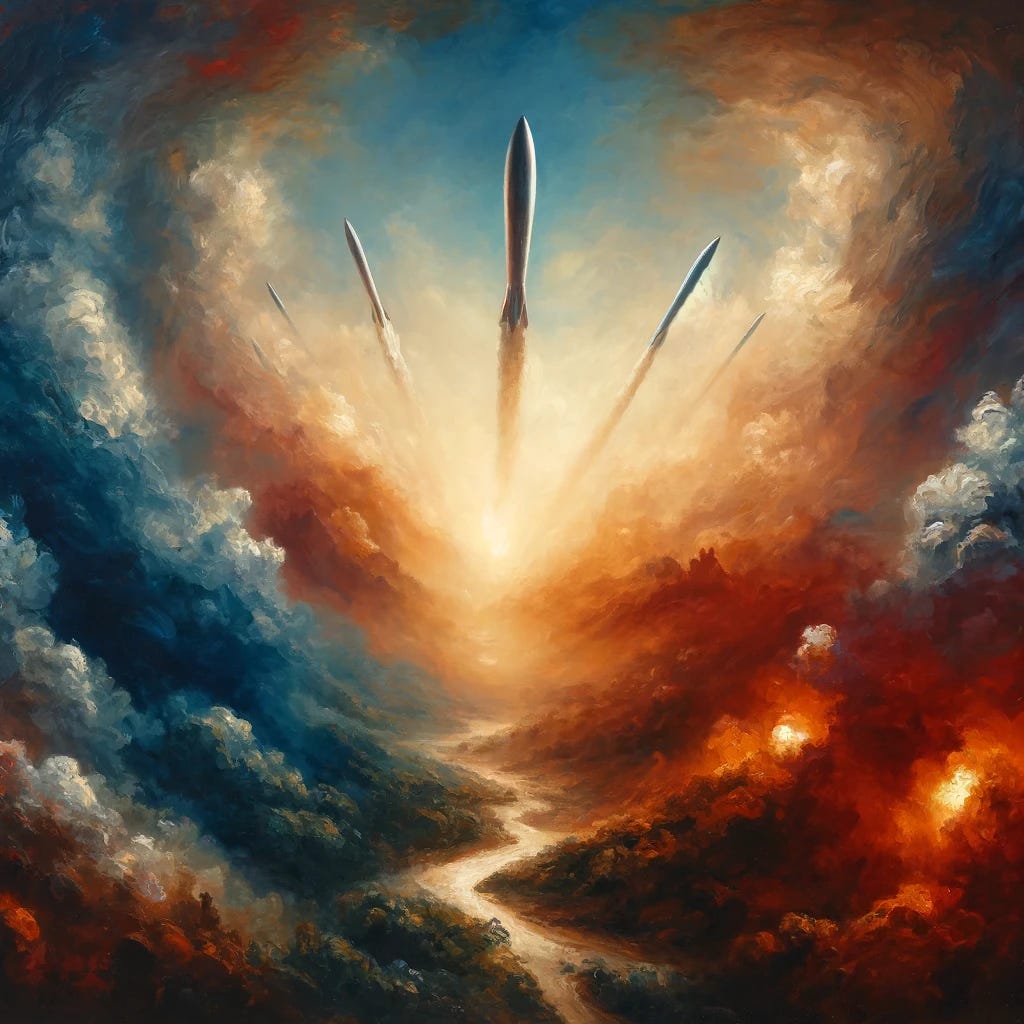 An oil painting depicting an abstract interpretation of missiles flying between two distant landscapes, representing Iran and Israel. The scene is atmospheric with a surreal quality, focusing on the dynamic motion of the missiles in the air, rather than on explicit details of geography or military equipment. The sky is filled with swirling clouds, and the color palette includes dark blues, fiery oranges, and deep reds to convey tension and conflict. The style is reminiscent of early 20th-century expressionism, emphasizing emotion over realism.