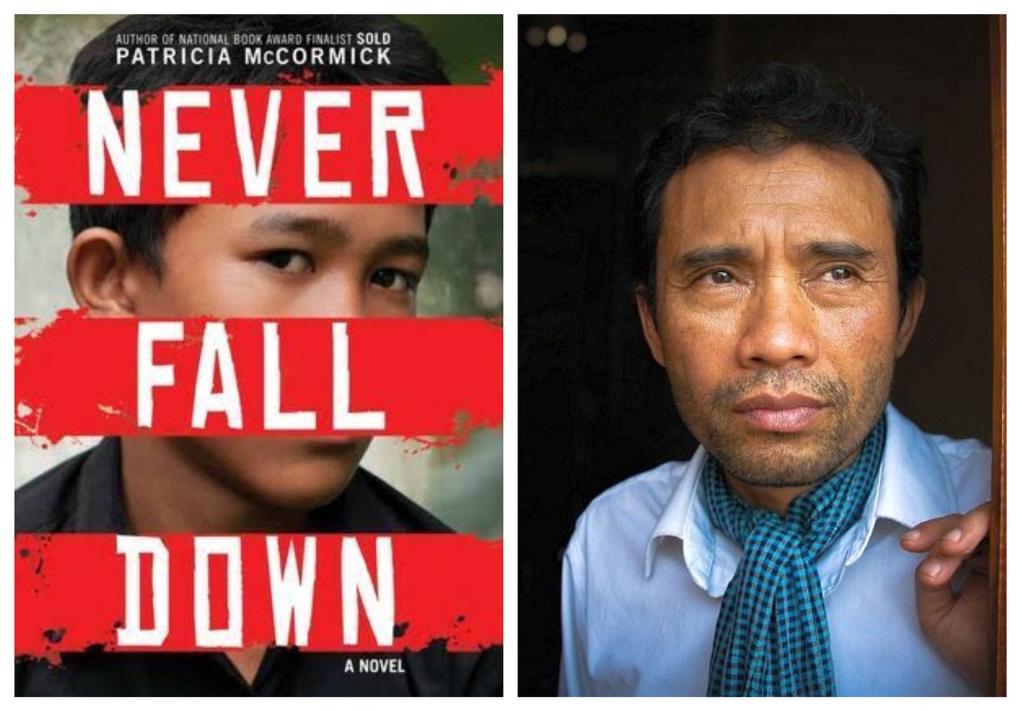 The book cover for Never Fall Down on the left, a photo Arn Chorn-Pond on the right as an adult.