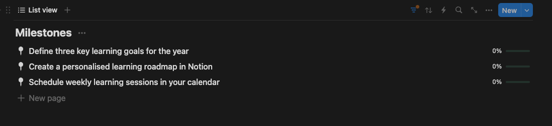 Notion screen showing how milestones help you track your progress