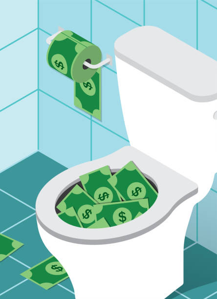 Throwing Money Down the Toilet Clogged Wasteful Government Spending Budget Finances Vector illustration of a bathroom toilet clogged with dollar bills in isometric projection. Throwing money down the toilet, wasteful spending, finances, government spending, wasting money, spending money, lavish living concept illustration. money down the drain stock illustrations