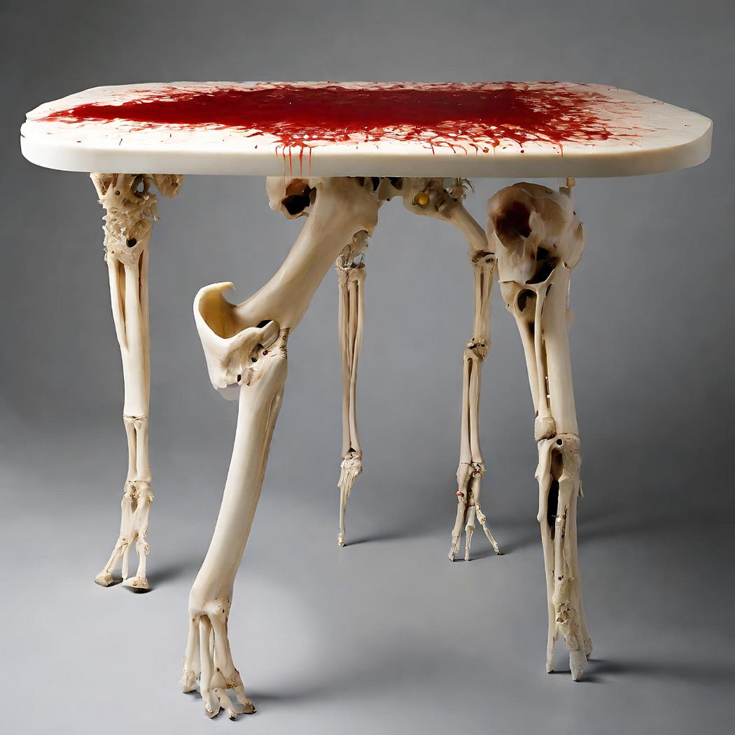 A bloody table made from human limbs