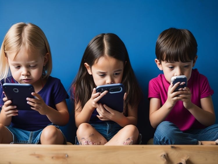 .Foto creada en Leonardo: Children watching videos on a mobile phone.