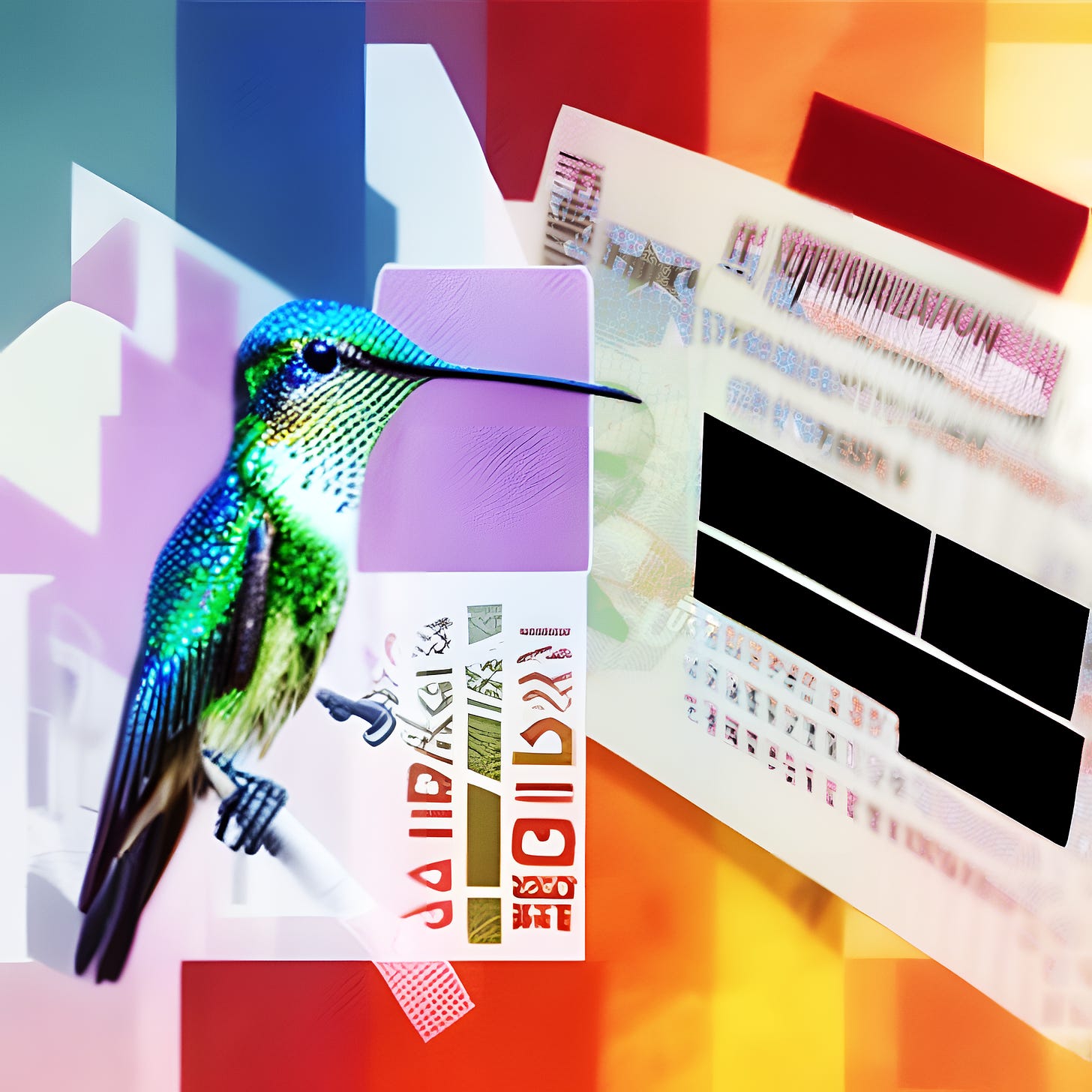 A holographic hummingbird on an abstract background
