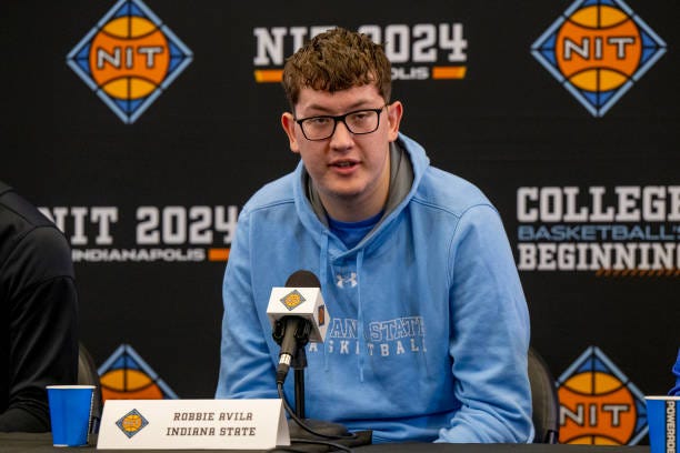 Robbie Avila of the Indiana State Sycamores speaks during NIT Press Conferences held at Hinkle Fieldhouse on April 1, 2024 in Indianapolis, Indiana.