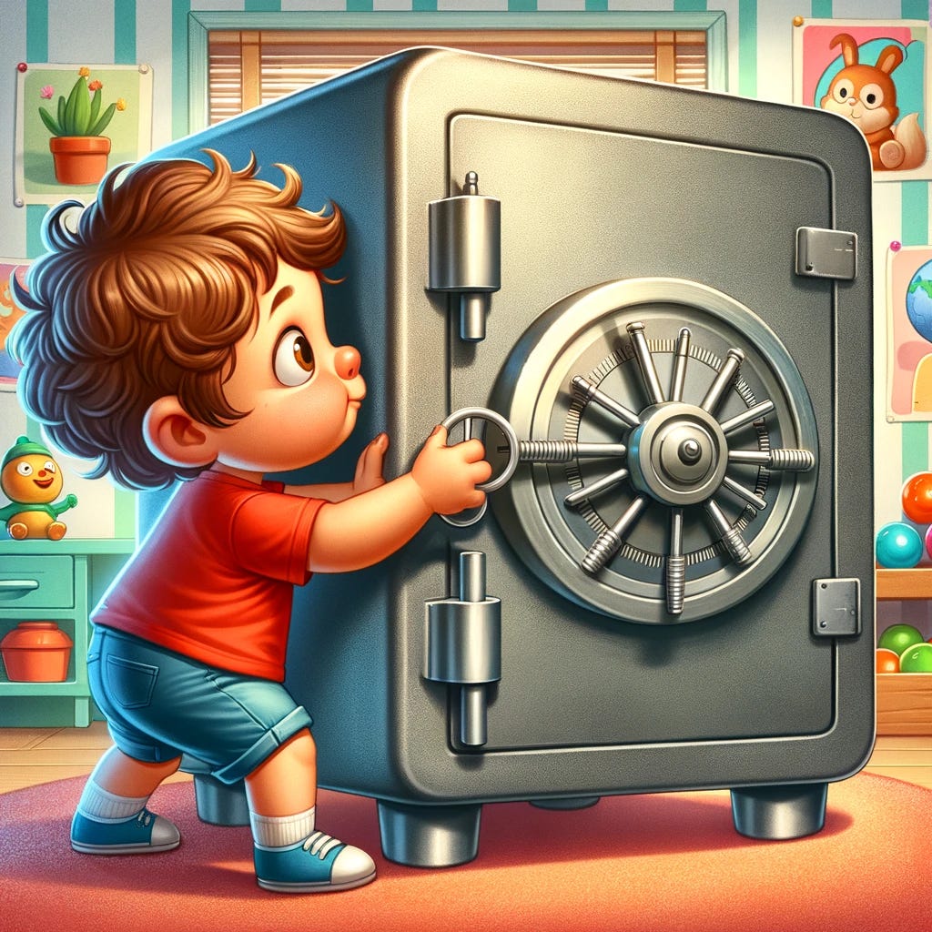 A cartoon-style illustration of a preschool student cracking the lock of a bank safe. The student, a small child with curly brown hair and wearing a bright red t-shirt and blue shorts, is intently focused on turning the large dial of a classic metal safe. The scene is whimsical, set in a vibrant classroom filled with colorful educational toys and posters. The safe is exaggerated in size, towering over the child, adding a humorous touch to the depiction of this unlikely scenario.