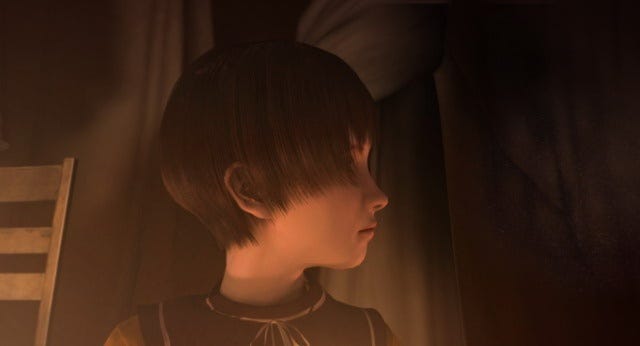 A headshot of Eleanor, looking off to the left. We cannot see her face. She is a young woman of light complexion with a pixie cut of dark hair. 