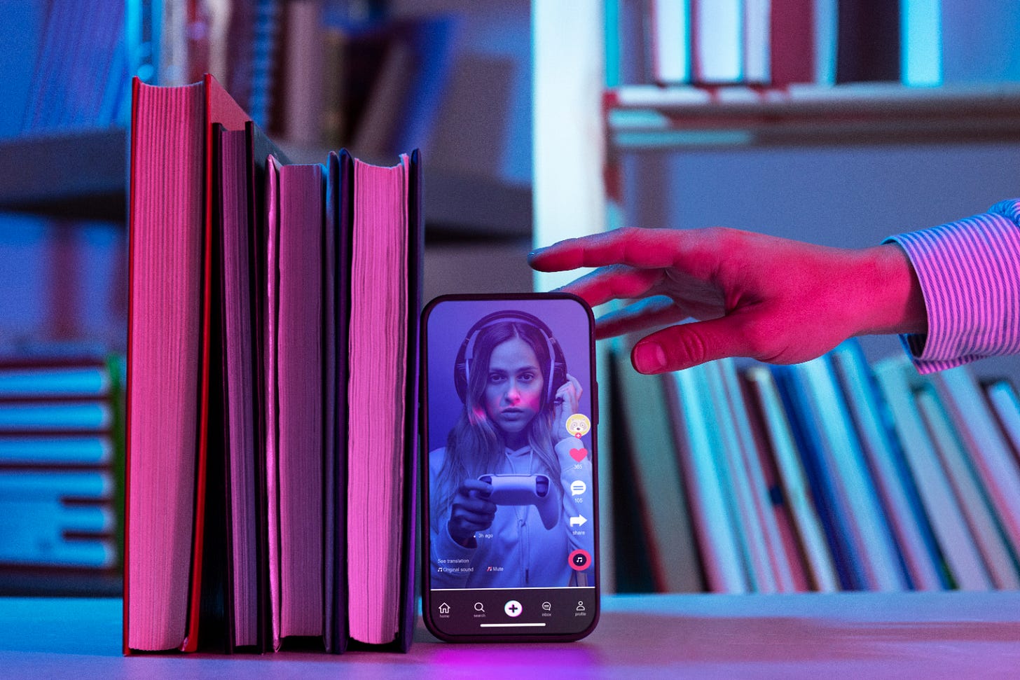 A hand reaches for a smartphone displaying a person with headphones and a game controller, surrounded by colorful books.