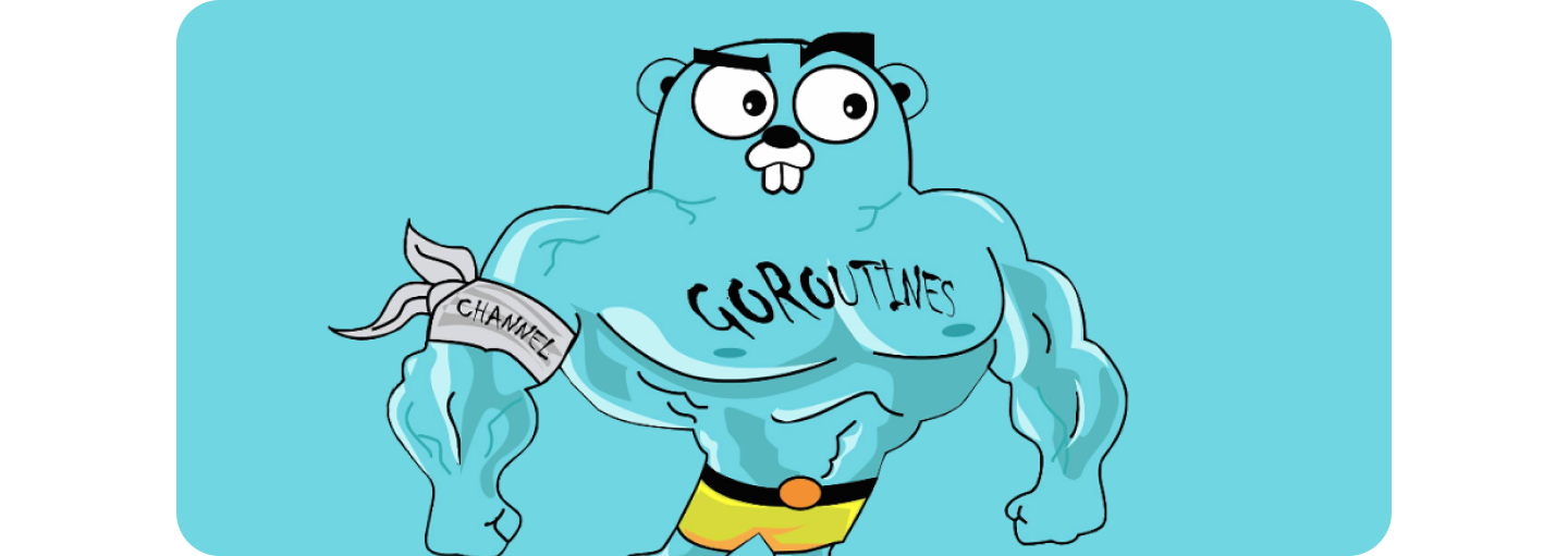 Caricatura do mascote da linguagem Go como se fosse super forte
