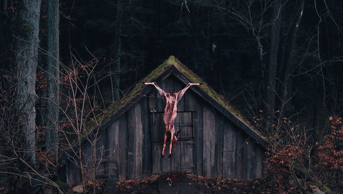 A wide shot of a cottage in a forest with a skinned goat-corpse hanging from the rafters.