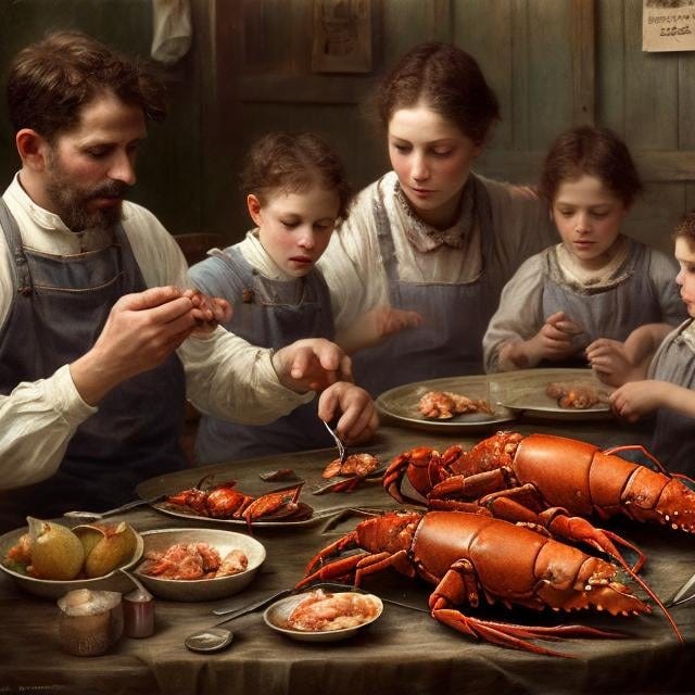mother, children and father eating lobster, poor fam...