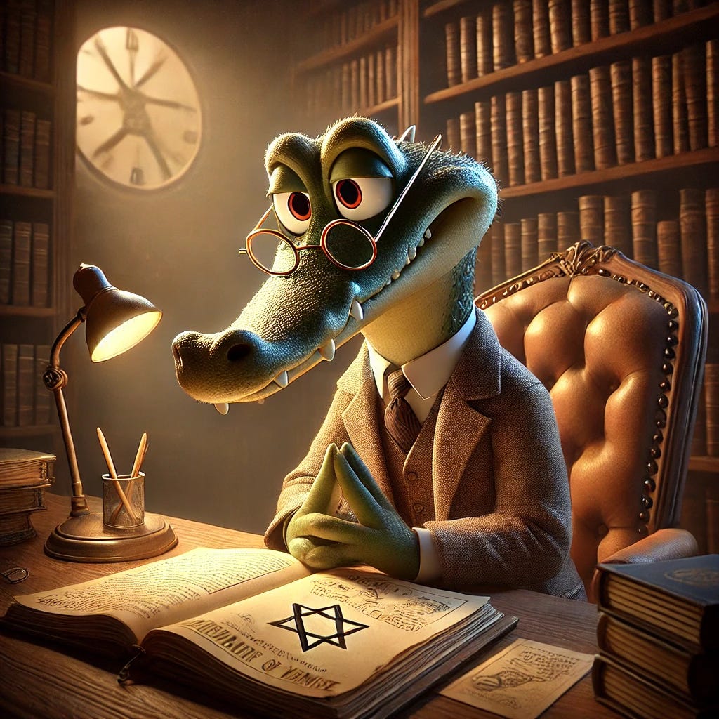 A Pixar-Disney style anthropomorphic gator named Croaky sitting in an old scholar's library. Croaky is leaning forward thoughtfully at a large wooden desk, wearing small aviator glasses, with one hand holding a crumpled pamphlet featuring faint antisemitic conspiracy symbols, and the other resting protectively on an open book titled 'The Merchant of Venice'. The scene is dimly lit, with soft warm light pouring in through a nearby window, casting Croaky in a glow of knowledge and truth. Shadows in the background subtly resemble whispering, ominous figures. The desk is surrounded by stacks of classic books, and a large frozen clock on the wall symbolizes the timeless persistence of antisemitism. Croaky's expression conveys intelligence, frustration, and determination. The style is charming, detailed, and refined, capturing a mix of historical weight and modern critique.