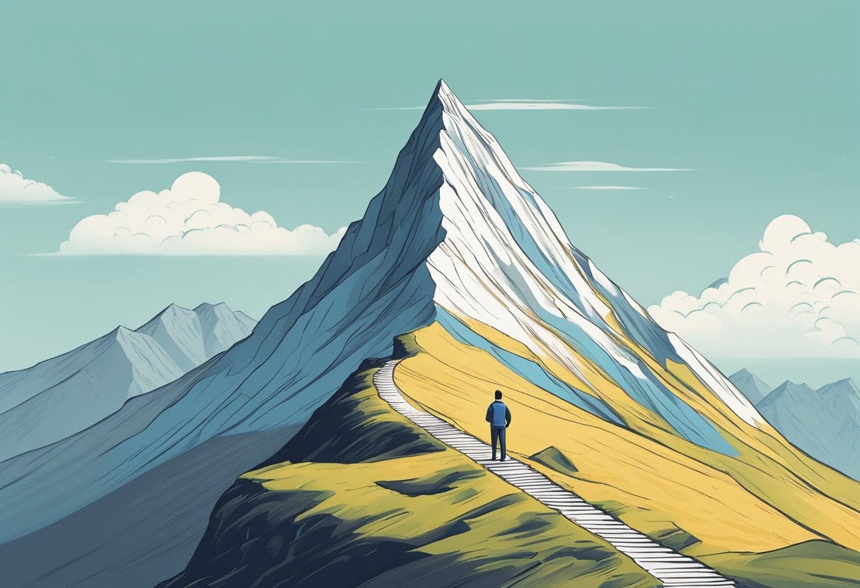 A person standing at the base of a mountain, looking up at the peak with a clear path leading to the top, symbolizing the journey towards achieving goals with the support of an accountability partner